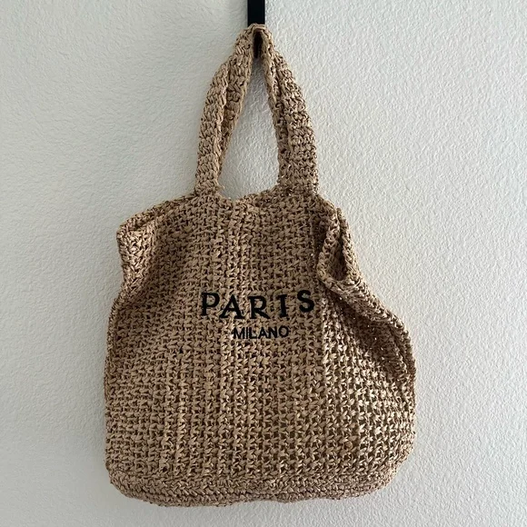 2025 PARIS MILANO Logo Woven Summer Straw Beach Tote Bag - Picture 1 of 4